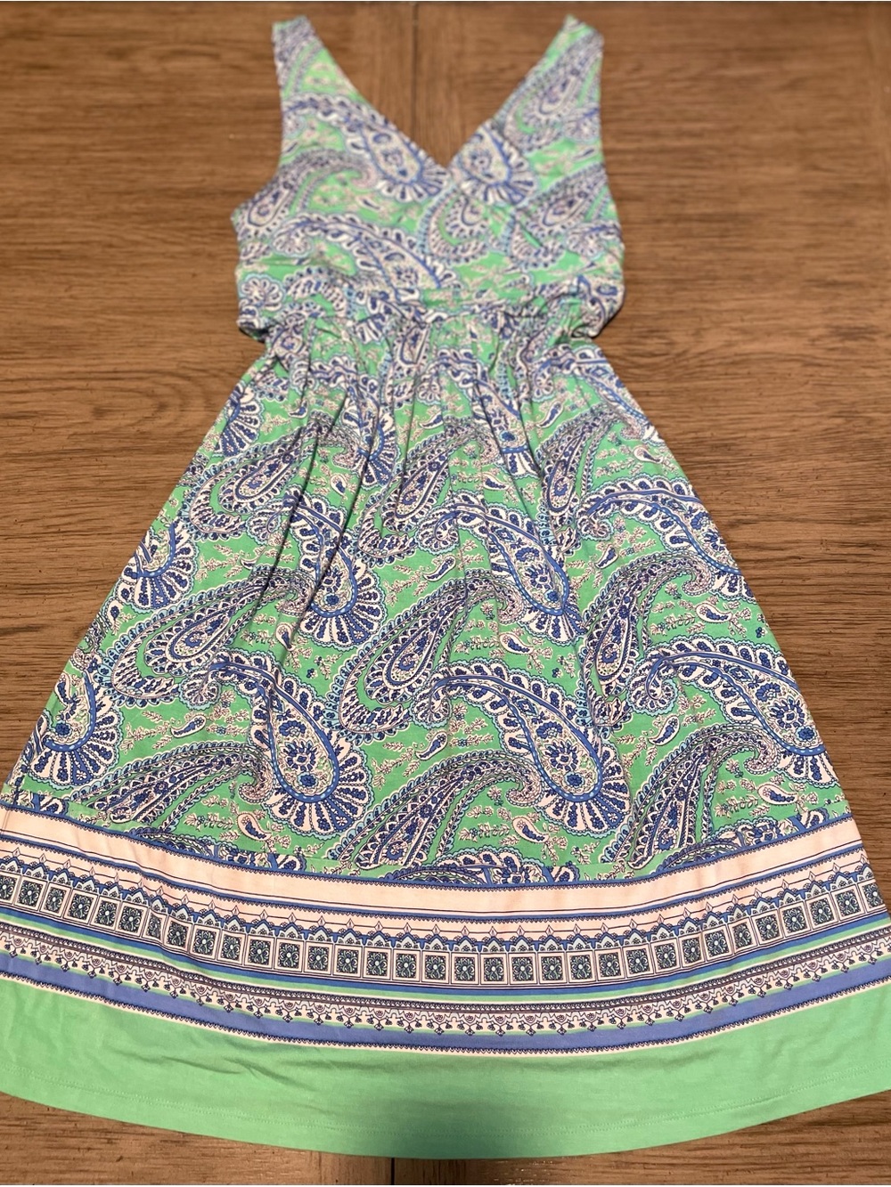 Old Navy dress, small, green and blue paisley print. Super soft and comfy.